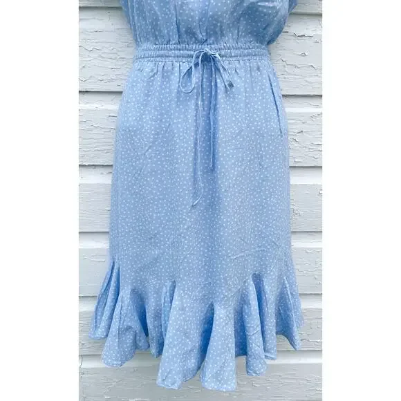 LOFT Dress Womens M Light Blue Polka Dot Godet Ruffle Tie Waist Minimalist - Picture 5 of 9